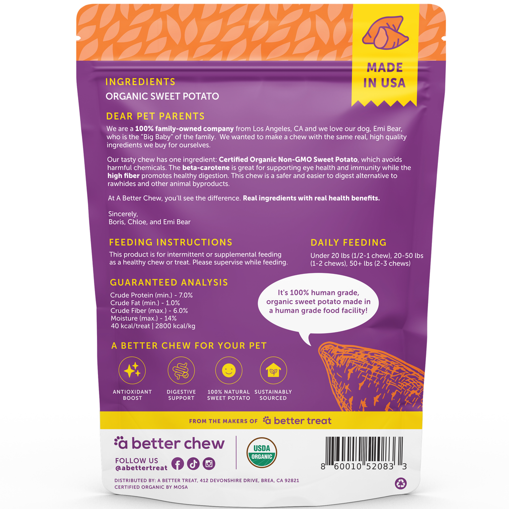 Organic Sweet Potato Chews- Natural Alternative to Rawhides: Standard 1 Pack