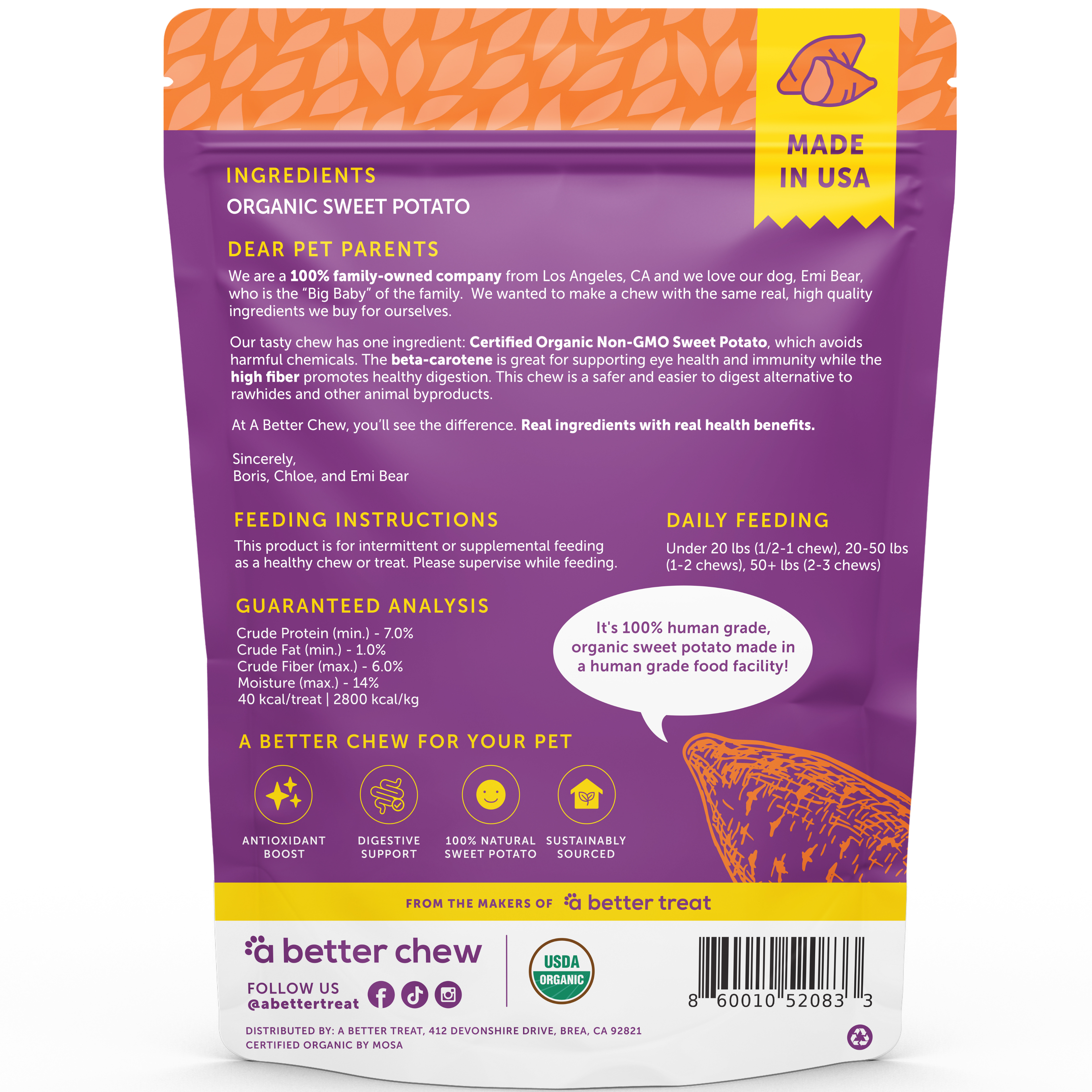Organic Sweet Potato Chews- Natural Alternative to Rawhides: Standard 1 Pack