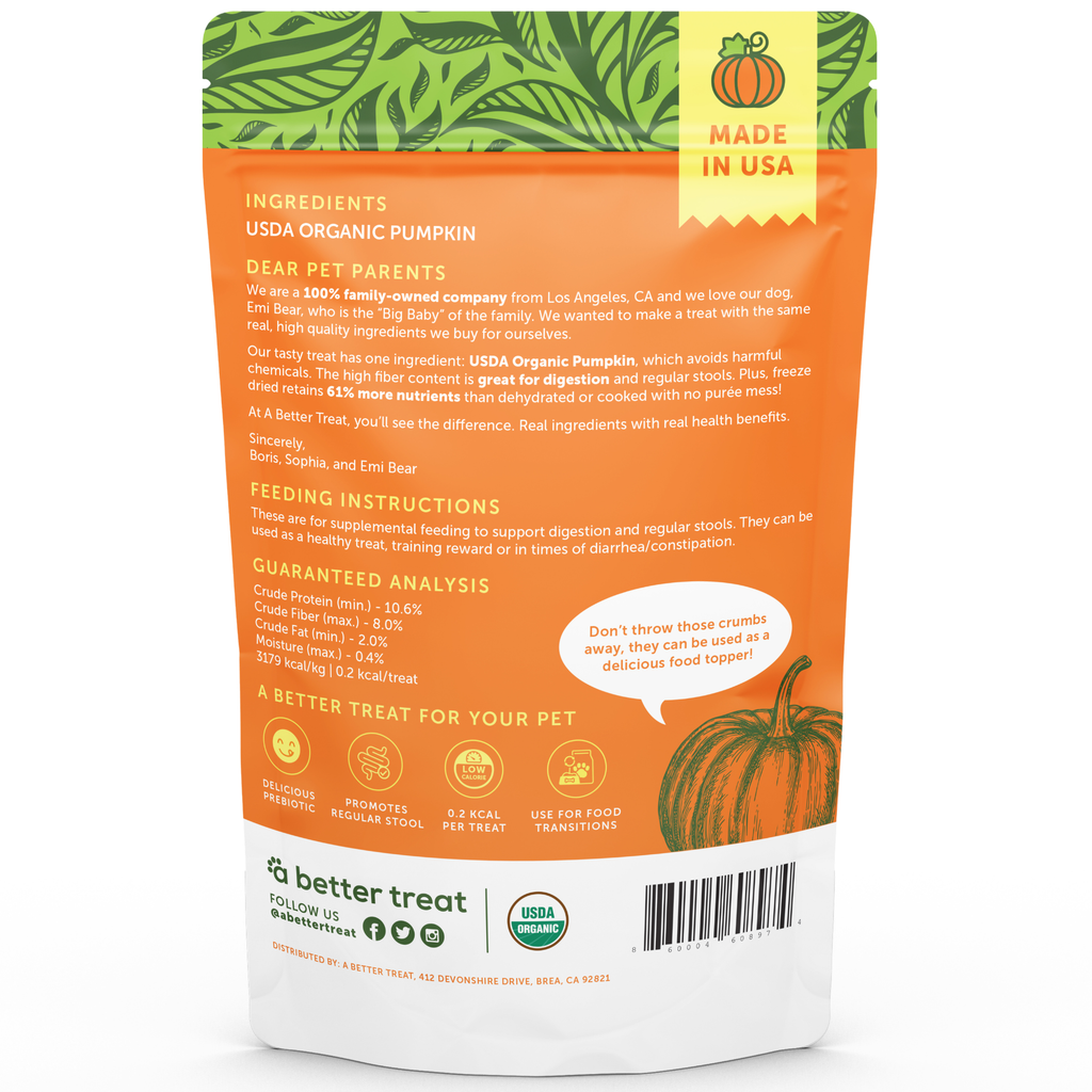 Organic Freeze Dried Pumpkin Dog and Cat Treats: Standard 1 Pack