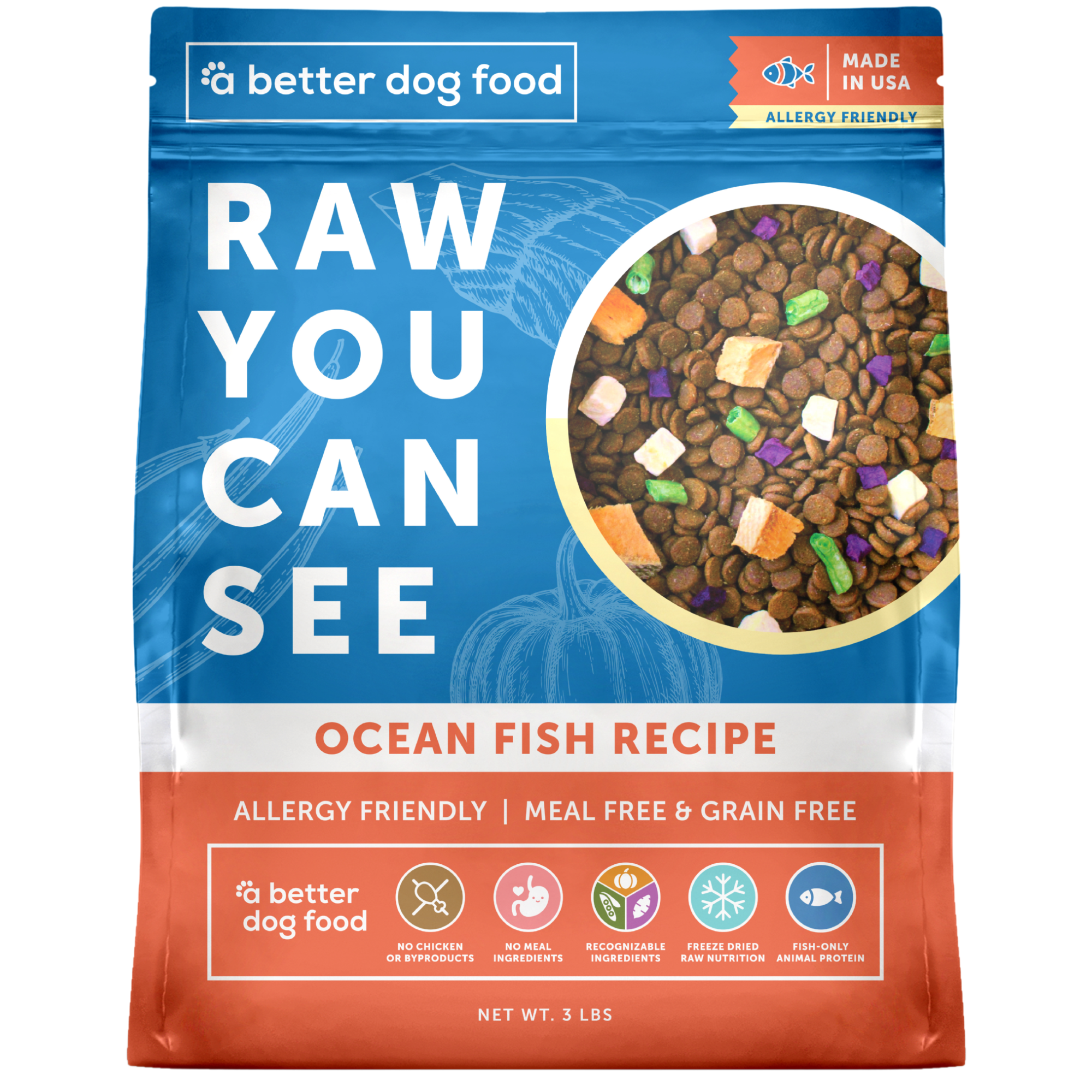 A Better Dog Food - Allergy Friendly Ocean Blend - | No Chicken, Only Fish Animal Protein, No Meal Ingredients, Grain Free | Raw You Can See: 3 lbs