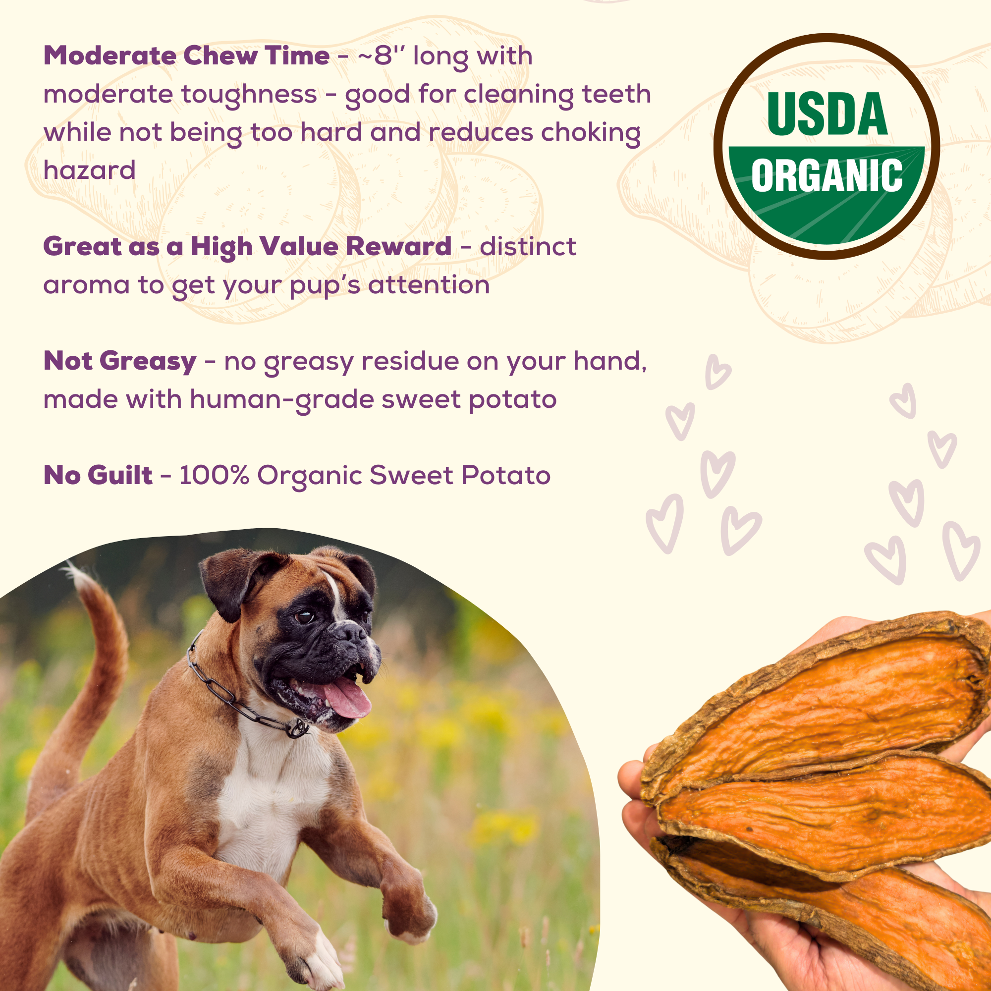 Organic Sweet Potato Chews- Natural Alternative to Rawhides: Standard 1 Pack